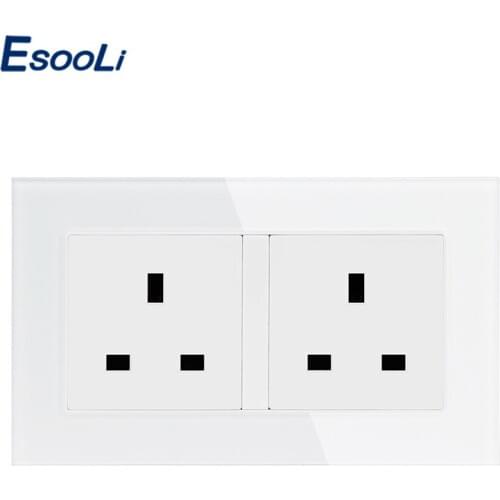 Esooli Double 146*86mm UK Standard Wall Socket Crystal Glass Panel Power Outlet Grounded AC 100~250V,Siamesed Design