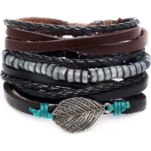 European and American hot leather bracelet retro leaf beaded set of four pieces