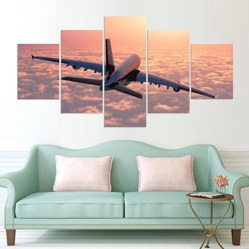 Poster Art Canvas Painting Wall For Living Room 5 PiecesPcs Plane Flying Above The Clouds Modular Picture HD Print Framework