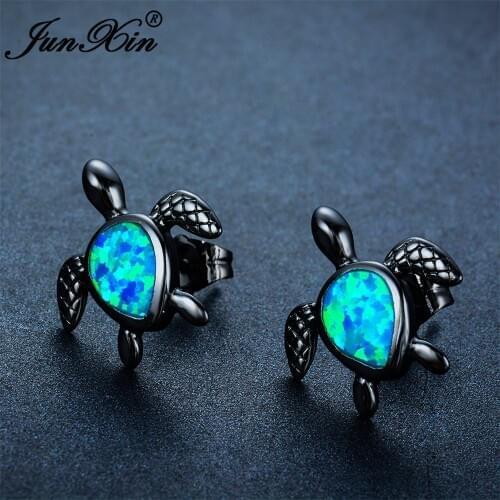 JUNXIN Fashion Female Small Turtle Earring Blue Fire Opal Stud Earring Black Gold Filled Jewelry Double Sided Earrings For Women