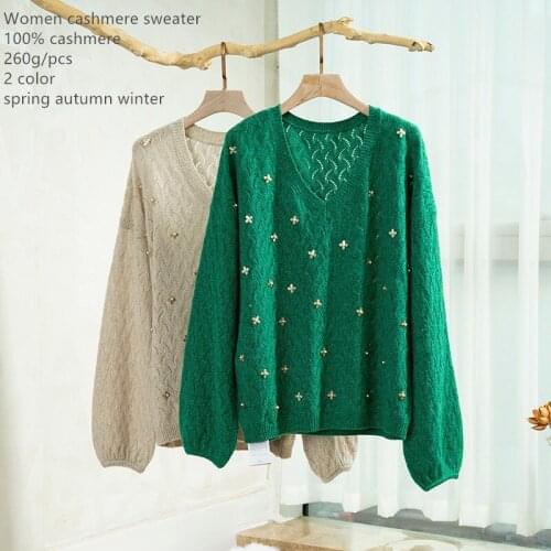 Naizaiga 100% cashmere V-neck Heavy industry pearl flower beaded pullover loose hollow out beige green Sweater , ZRFS331