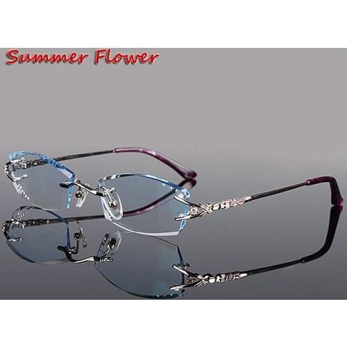 Chashma Brand Alloy Fashionable Lady Eyeglasses Rimless Spectacle Frames Women Colored Lenses Rhinestone Glasses
