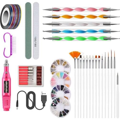 Nail Art Tool Kit 15Pcs Nail Brushes Set 5Pcs Dotting Pens 10 Rolls Nail Striping Tape Sticker 4 Boxes of Nail Decors Nail File