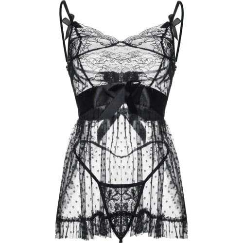 Women Fashion Intimates Of Large Size Black Sexy Mesh Lace Underwear Sleepwear Lingerie G-String Set Bow L1926