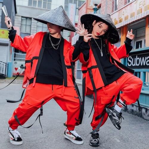 New Chinese Style Loose Red Outfits Hip Hop Dance Costumes For Kids Children Jazz Performance Costumes Kids Rave Clothes DQS7886