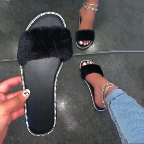 Autumn/winter new single layer fur candy color flat rhinestones home non-slip durable slippers outdoor leisure all-match sandals