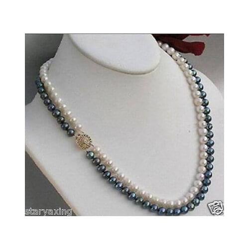 Natural 2Row 7-8MM WHITE & BLACK PEARL NECKLACE 17-18"