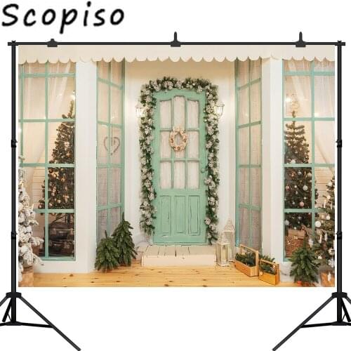 Scopiso Christmas Photography Backdrop Outdoor Door Light Wreath Tree Xmas Booth Party Decoration Photo Background