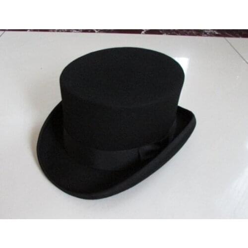 Black Cylinder Hat 100%Wool Felt Top Hats 11.5cm Chapeau Haut De Forme Mad Hatter Cap Bowler Hoeden Cartola Fedora Hat for Men