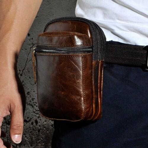 High Quality Mens Waist Bag Genuine Leather famous brand Vintage Men hook Belt Fanny Bag Mobile Phone Case Bag wallet