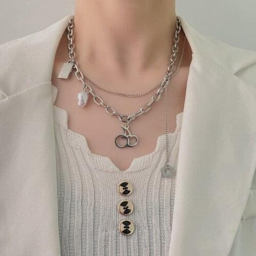 U-Magical Hiphop Multi-layer Cherry Faux Pearl Pendant Necklace for Women Chunky Chain Geometric Hollow Flower Necklace Jewelry