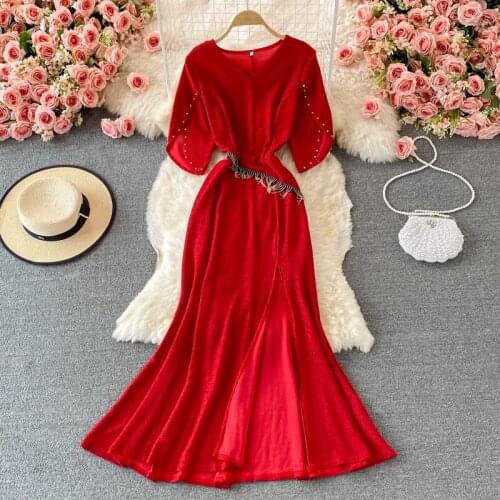 Vintage Womens Dress Summer V-neck Puff Sleeve Bright Silk Bead Dresses Female High Waist Slim Maxi Vestidos Verano 2021