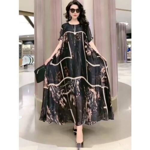 Off Season Silk Dress Womens 2021 Summer New Style Foreign Loose And Thin Temperament Large Size Printed Vfemage Vintage
