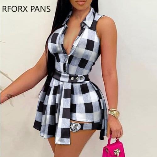 Women Clothes Checker Print Sleeveless Crop Top & Pleated Skirt Set Casual Look for Women 2021