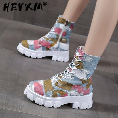 2021 New Denim Women Boots Ladies Chunky Heel Platform Round Toe Shoes Denim Ankle Women Boots Jeans Casual Lace Up Boots