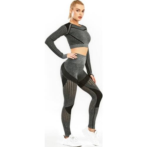 Women Gym Sports Sets Seamless Hollow Out Clothes Push Up Fitness Suit Sports Crop Tops + High Waist Leggings 2Pieces Women Sets