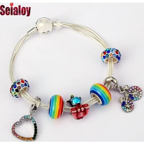 Seialoy Colored Wing Unicorn Charm Bracelets For Women Original Bicycle Heart Pendant Beads Multi Snake Chain Bracelet Jewelry