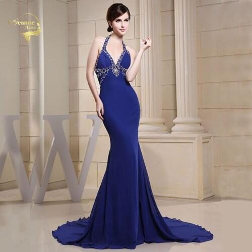 Halter Royal Blue Elegant Mermaid Engagement Evening Dresses Court Train Backless Sexy Crystal Women Long Formal Party Dresses