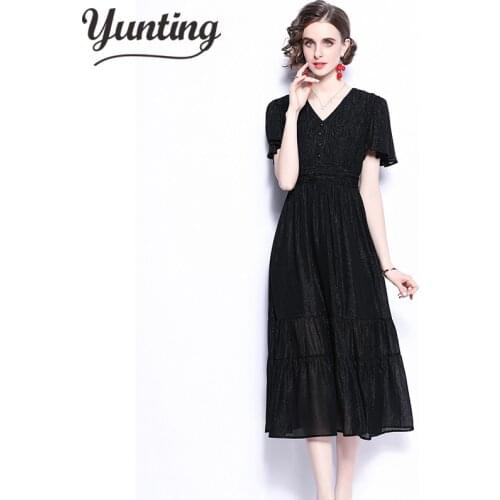 Casual Womens Chiffon Elegant Retro Trend Short Sleeve Summer Mid Length 2021 New Loose Dress
