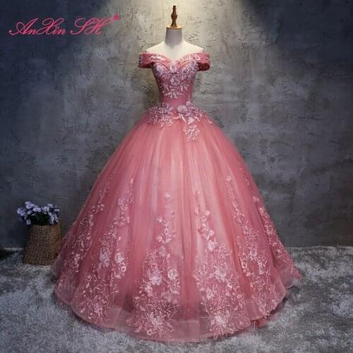 AXJFU princess pink lace flower evening dress stage luxury vintage bride beading pearls boat neck pink rose host evening dress