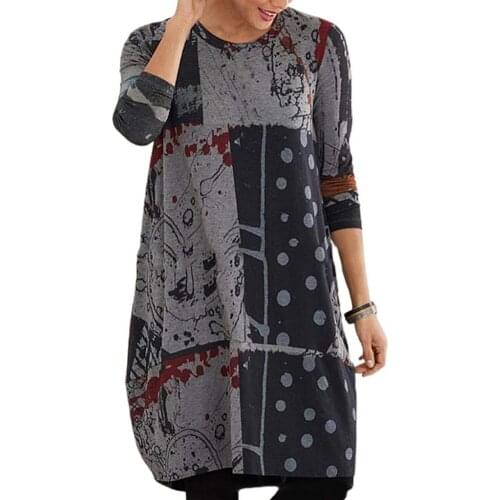 2021 Women Loose Floral Boho Vintage Spring Winter Printed Dress Full Long Sleeve Cotton Pocket Full Party Dresses Plus Sizes