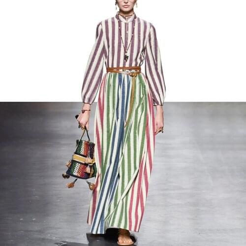 2021 New Hit Color Striped Dresses For Female Stand Collar Lantern Long Sleeve High Waist With Belt Womens Vintage Dress