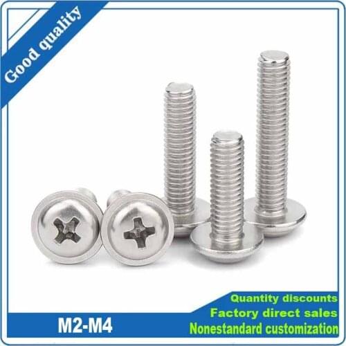 10/50pc 304 A2 Stainless Steel Cross Phillips Pan Round Truss Head With Washer Padded Collar Screw Bolt PWM M2 M2.5 M3 M4 DIN967