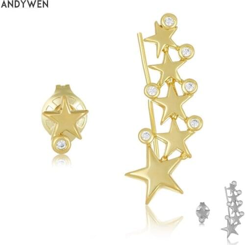 ANDYWEN 925 Sterling Silver Gold Star Long Star Climber Piercing Stud Earring Zircon CZ Pendientes Clips Fine Jewelry Gift