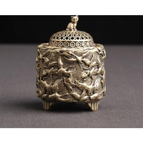 Antique Brass Crane Cat Lid Incense Burner Home Decoration Desk Ornament Accessories Sandalwood Censer Figurine Retro Collection