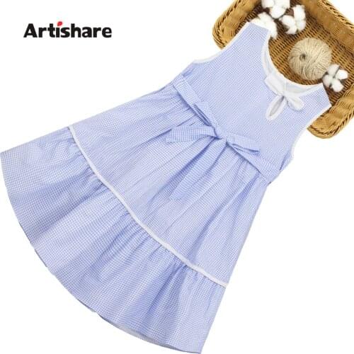 Kids Summer Dresses For Girls Plaid Pattern Girls Dresses With Bow Kid Dress Teenage Clothes Girl 6 8 10 12 14