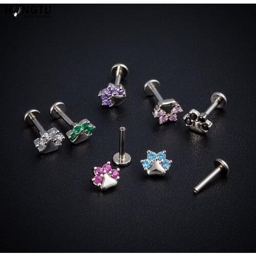 HONGTU 1Pc Surgical Steel Assorted Colors Zircon Gem Labret Stud Lip Piercing Ear Cartilage Tragus Helix Ring Charming Jewelry