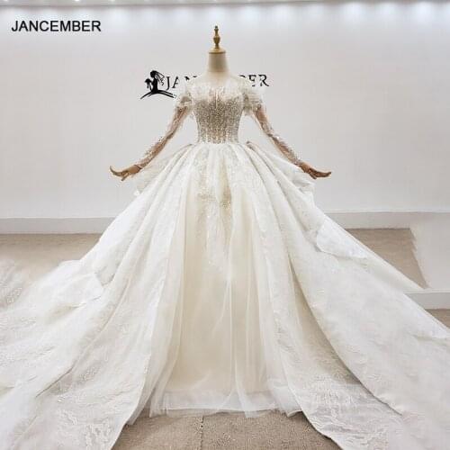 HTL1914 Ball-Gown Beaded Crystal Luxury Wedding Dress 2020 Long Sleeve Deep V-Neck Lace Up Back Off The Shoulder