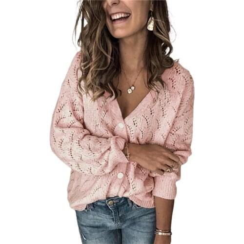 Women Autumn Winter Sweater Crocheted Hollow Single-breasted Knitted Cardigan