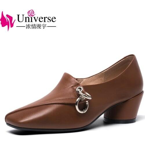 Universe fashion square toe genuine leather casual shoes women office shoes chunky heel ladies pumps H010