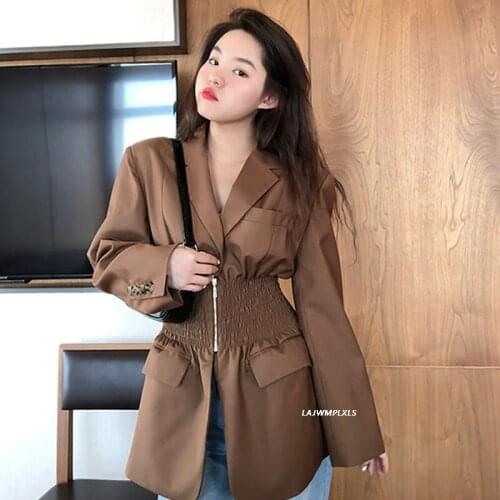 Spring Autumn 2021 Women Brown Pleated Big Size Blazer New Lapel Long Sleeve Loose Fit Jacket Fashion Tide