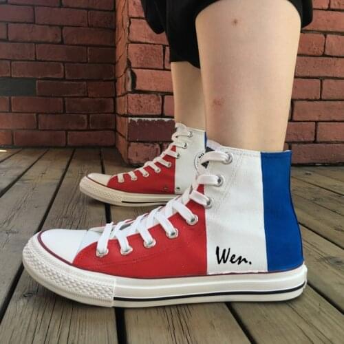 Wen Hand Painted Shoes Design Custom Vertical France Flag High Top Canvas Sneakers Birthday Gifts for Men Women