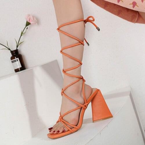 2021 New Summer Womens Sandals High Heels Fashion Solid Color Strap Party Shoes Square Head Lace-Up Style Plus Size 35-42