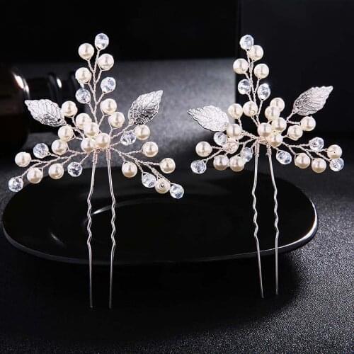 2pcs Pins For Women Crystal Pearl Silver Color Metal Bridal Wedding Hair accessories Hair Pins Princess Hair Stick Hair Pin
