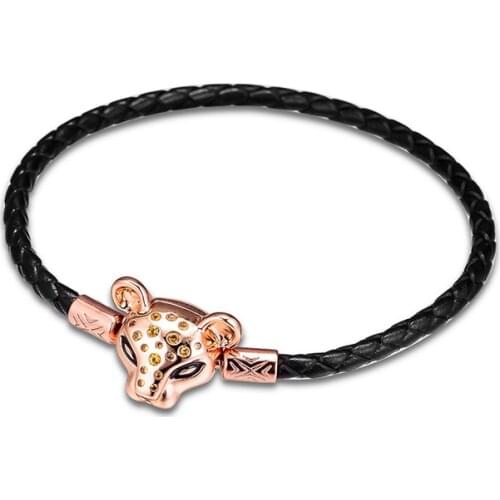 Sparkling Lion Princess Woven Leather Bracelet 925 Sterling Silver Bracelets for Women Fine Jewelry DIY Making Pulseras Mujer