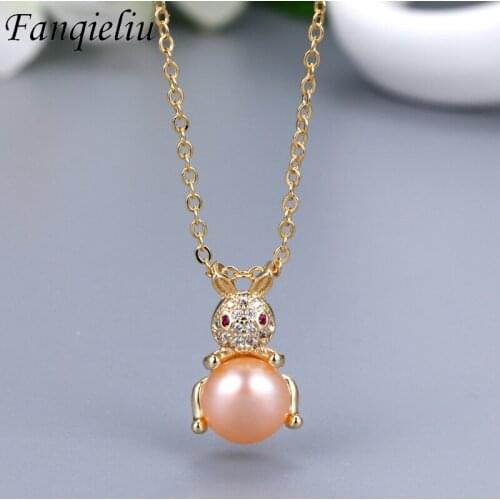 Fanqieliu Cute Rabbit Natural Pearl Jewelry Gold Color Pendant Crystals 925 Sterling Silver Necklace For Women FQL21155
