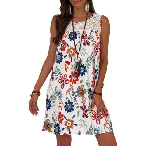 Dress Floral Print Patchwork Design Sleeveless Women Fashion Pullovers Dress for Summer