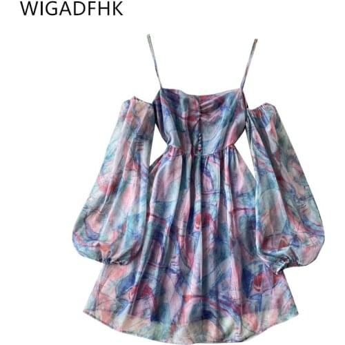 WIGADFHK 2021 Autumn New Retro European and American Vestidos Female Rendering Printing V-neck Open Back Puff Sleeve Mini Dress