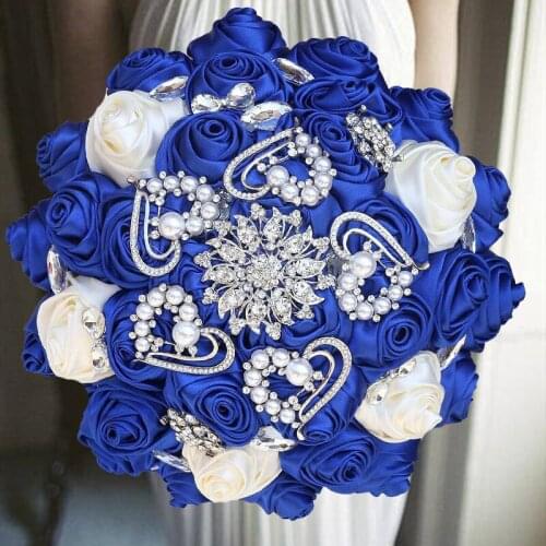 1PCs /lot Royal Ribbon Bouquet With Rhinestone And Pearl For Bride Wedding Decoration