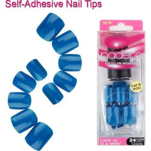 12sets Pure Color Acrylic Artifical Nail Polish Art Tips Blue Self-Adhesive Finger Nails Glued French Manicure Nails RCP-01