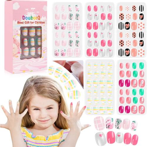 120pcs/lot Candy Color Full Cover Kids False Nails Press On Self Adhesive Nail Manicure Tips Fake Nails Nail Art for Children