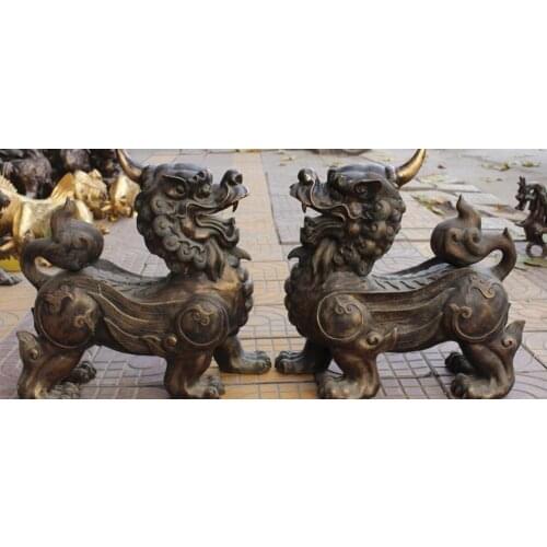 22"Huge Bronze Guardian Phylactery Dragon Beast Pixiu Chi-lin Unicorn Kylin Pair