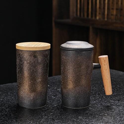 260ml Ceramic Tea Cup Coffee Cup Milk Cup Wooden Handle Bamboo Cover Large Capacity Multifunctional Tea Filter Cup Coffee Mugs