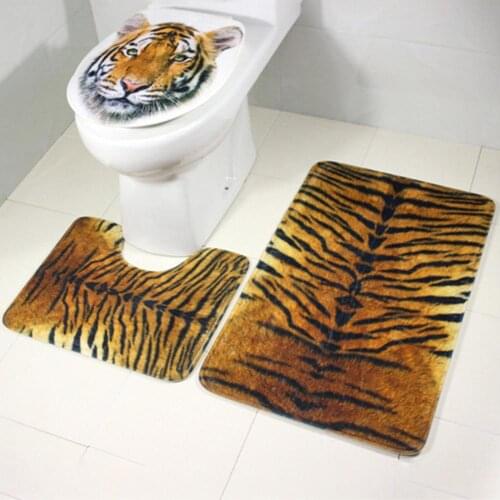 3Pcs Tiger Print Bathroom Shower Bath Floor Mat Toilet Lid Cover U-Shape Pad Set Kitchen Bath Mat Carpet Bathroom Toliet Rug
