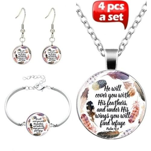4Pcs/Set He Will Cover You With His Feathers Psalm 91:4 Glass Necklace Bracelet Earrings Bible Verse Jewelry Gift For Konminry