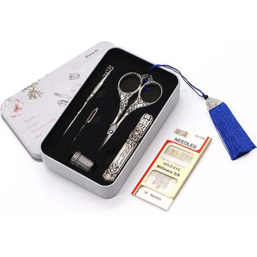 7Pcs/sets Vintage Scissor Sewing Tool Set Embroidery Scissor Needle Case Needle Bottle Sewing Thimble Antique Craft Sewing Tool